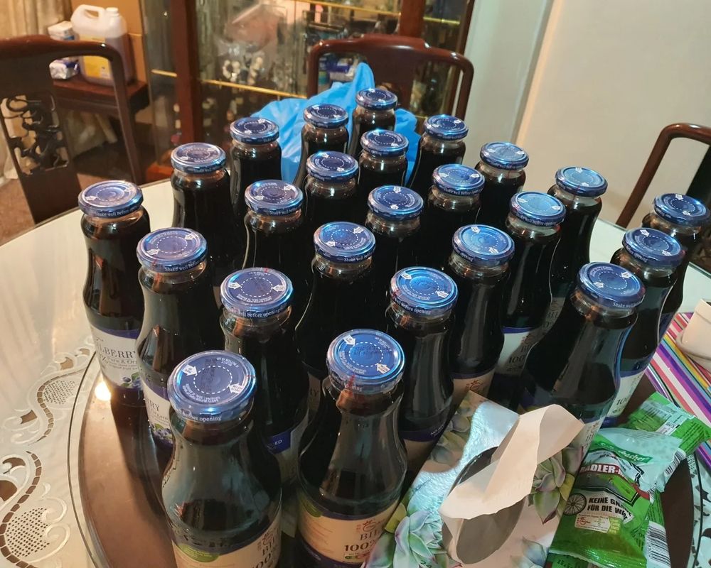 Many bottles of Bilberry juice