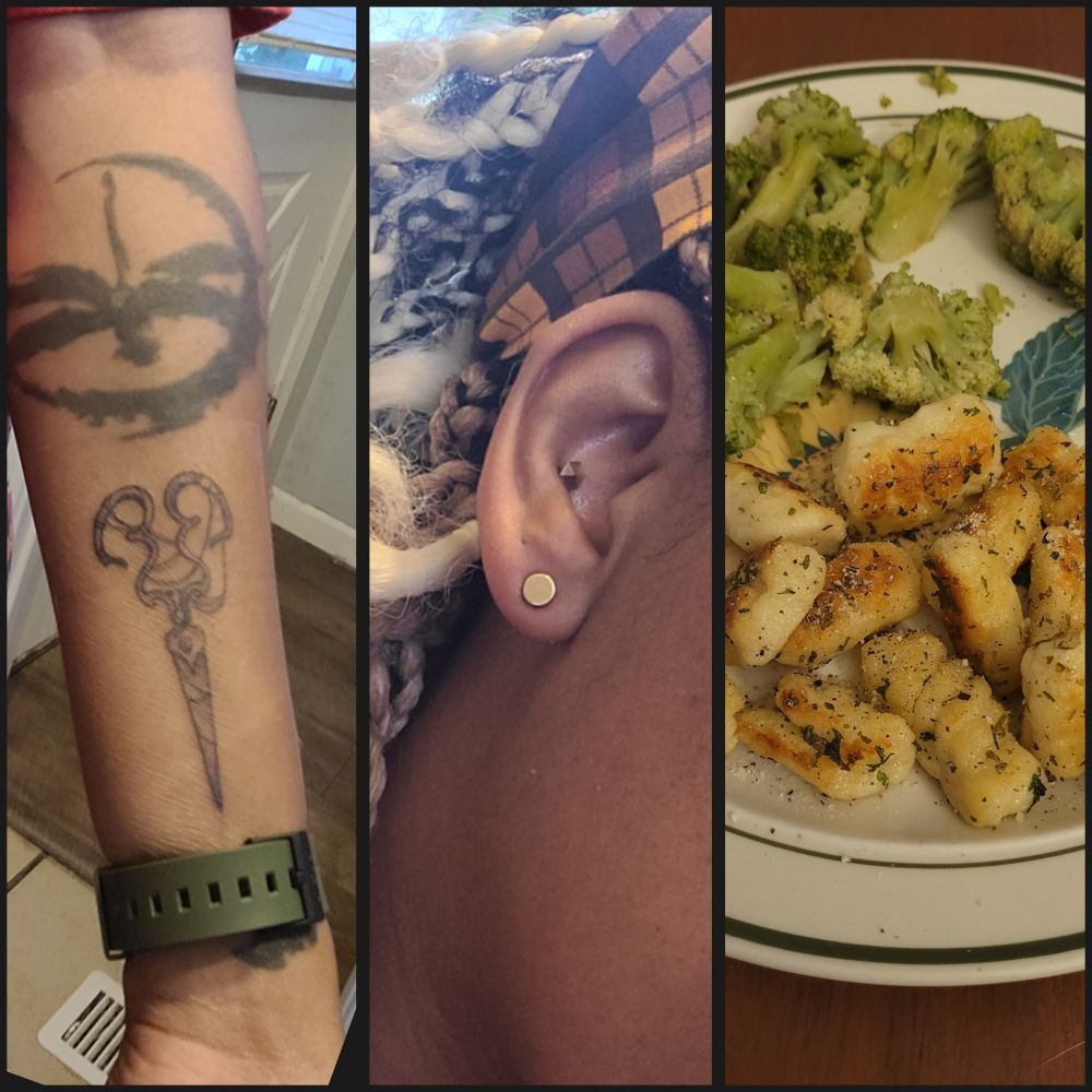 A triptych photo set of Steenz's forearm and a new scissor tattoo, a closeup of their ear lobe with a new ring in it, and a closeup of a plate of gnocchi and broccoli 