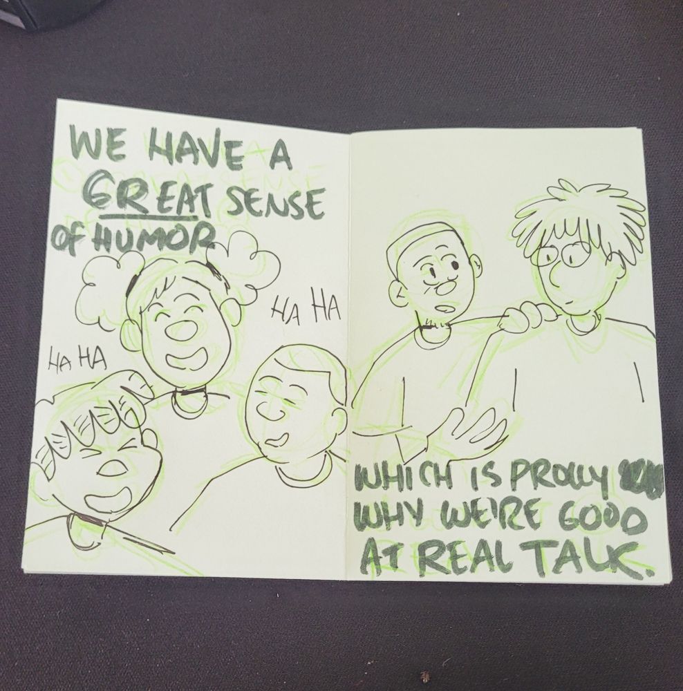 Left Page of the zine reads "we have a great sense of humor" and three figures laughing. The right page says "which is prolly why we're good at Real Talk"