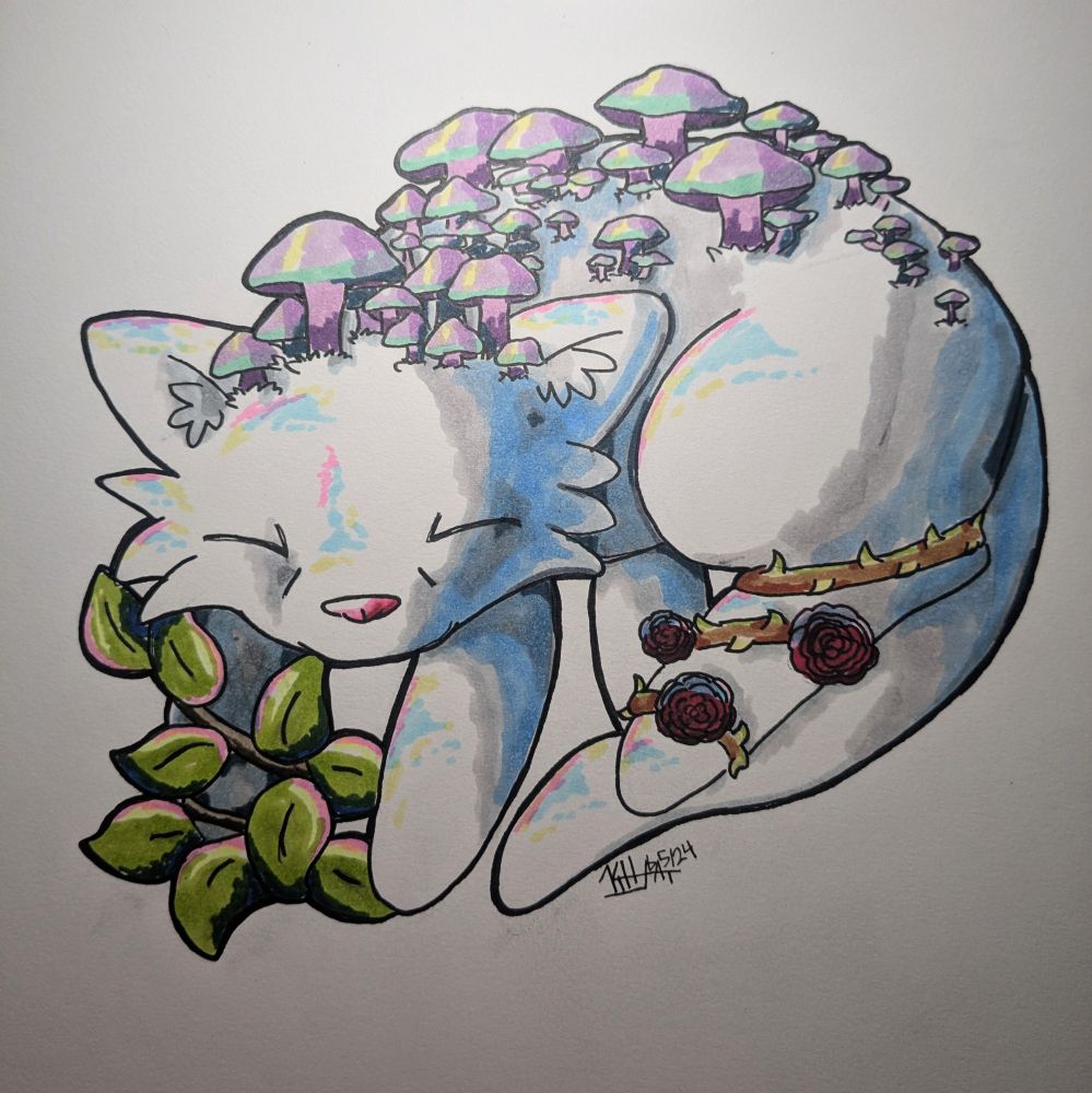 marker drawing of a white cat with purple mushrooms lining their head and back, with green vines wrapped around their front right paw, and a vine of roses with thorns on their back left paw