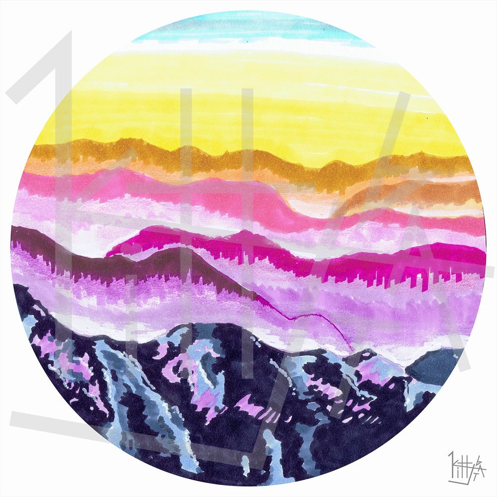 marker drawing of a mountain sunset with vibrant pink, blue, and purple colors