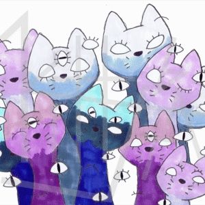 a marker drawing of a bunch of ghost-like cats with a bunch of eyes surrounding them