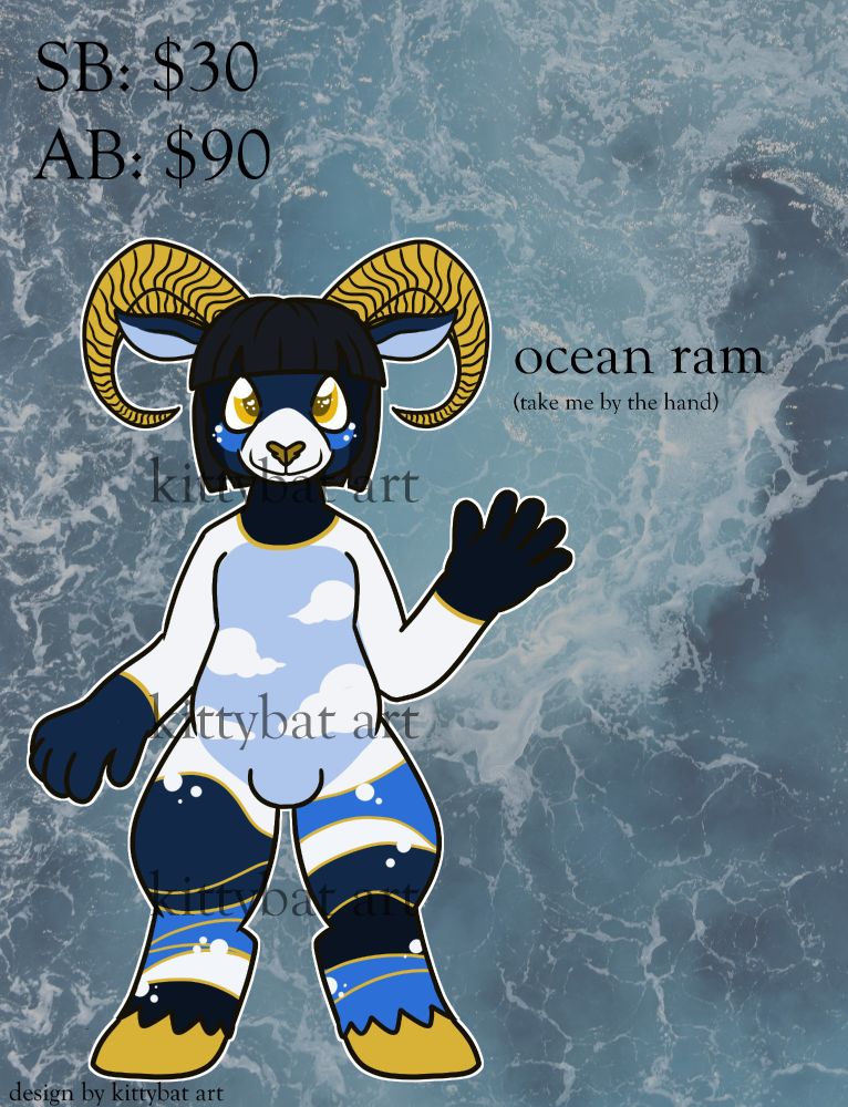 a drawing of an anthropomorphic ram that is themed off of the ocean. it has golden hooves and horns. its legs are ocean-like and its belly has clouds. there is text that says 