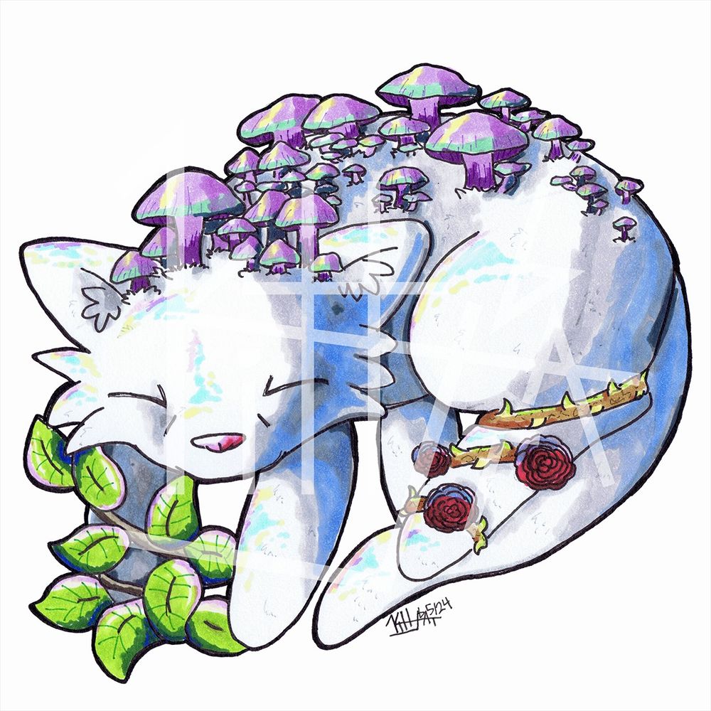 marker drawing of a white cat with purple mushrooms lining their head and back, with green vines wrapped around their front right paw, and a vine of roses with thorns on their back left paw