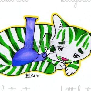 a marker drawing of a grey cat with green markings and a blue bong