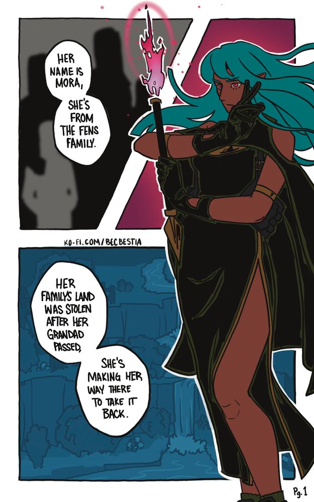 Solaris: a Stardew campaign.

Stardew Valley crossover Dungeons and Dragons.

Page one.

Mora Fens, the main character of the series, is casting a pink magic spell using a scepter. 

Sebastian: “her name is Mora, she’s from the Fens family. Her family’s land was stolen after her grandad passed, she’s making her way there to take it back.”

End page