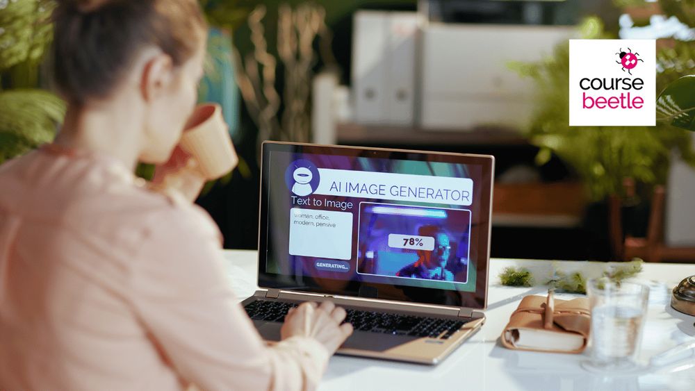 A woman sits facing her laptop where she is using an AI image generator.