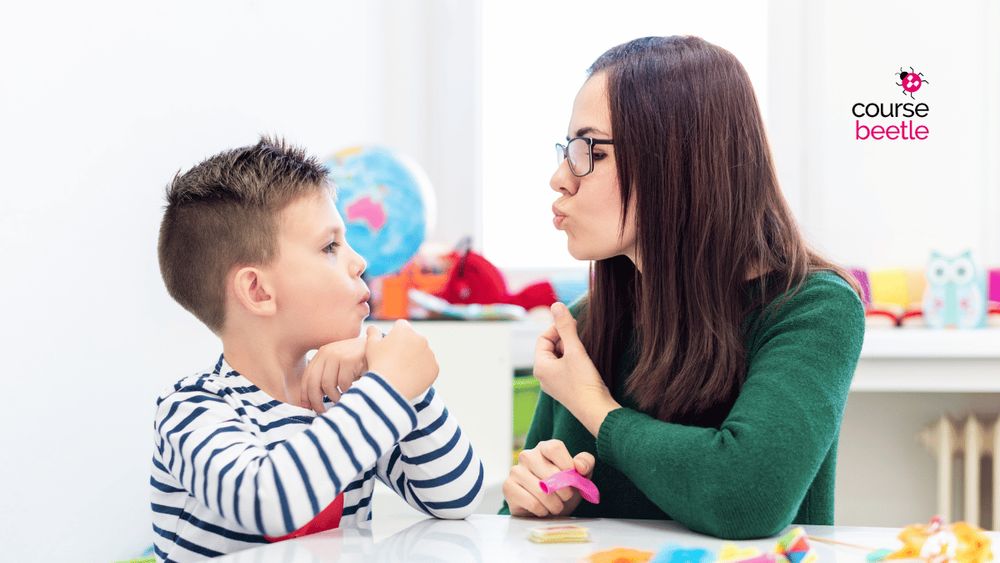 A young boy and his Speech and Language Therapist practice making sounds