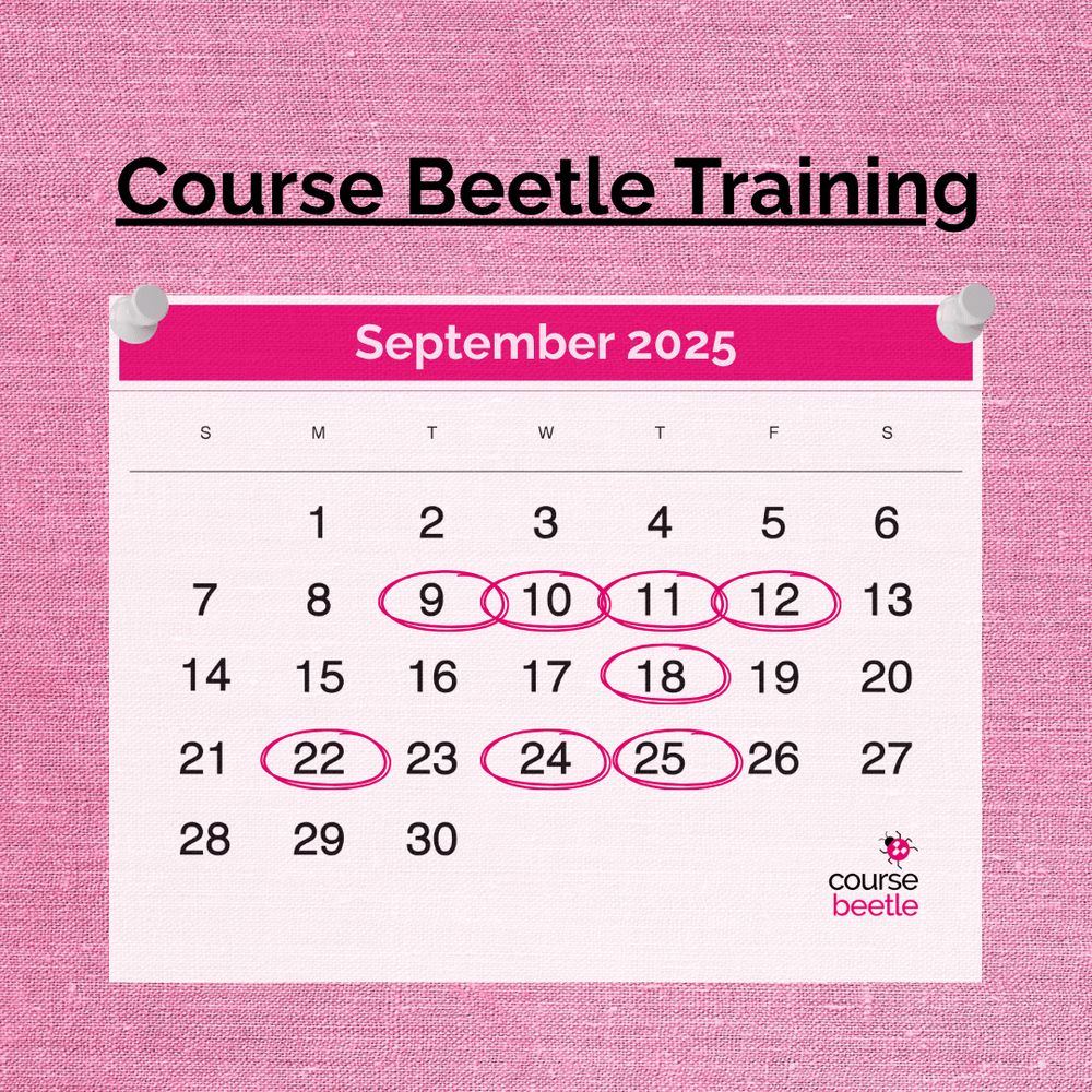 A calendar shows dates in September 2025. Some dates are ringed with a pink pen indicating Course Beetle training dates.