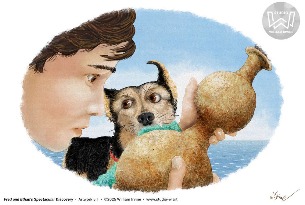 Here's another updated and reimagined illustration for my children's book, Fred and Ethan's Spectacular Discovery. This 3/4-page vignette illustration shows how I've redesigned the artwork flow. As Ethan imagines what this odd bottle might be, each flight of fancy is a 2-page spread. When we come back to Ethan and Fred, I'm using this vignette approach. Here, Ethan is cranking up his imagination, while Fred just wants to play.



This "digital watercolor" look is completed using Affinity Photo 2 and my humble HUION Inspiroy 2M pen tablet. See more at https://www.studio-w.art