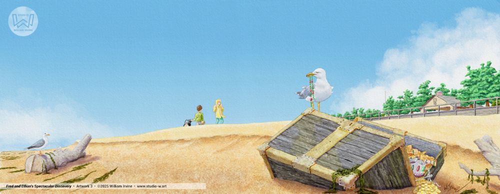 My picture book, Fred and Ethan's Spectacular Discovery (seeking publisher/representation), features the vivid imagination of a boy who discovers an odd bottle on the beach after a storm. We follow his wild flights of fancy as he tries to imagine where it came from. Maybe it's part of some pirate treasure that washed up during the storm.

This is a 100% digital illustration using Affinity Photo 2 and my trusty but humble HUION Inspiroy 2 pen tablet. See more at https://www.studio-w.art/kidlit

