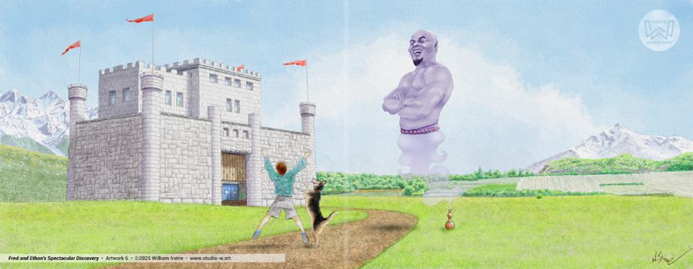 After constructive feedback from a few agents and art directors, I've been hard at work updating all 16 illustrations for my picture book, Fred and Ethan's Spectacular Discovery. I've finished all the line work and am now diving into the digital watercolor.

I just finished my second artwork (6th in the book), where Ethan imagines there could be a genie inside the bottle he and Fred found on the beach.

Completed using Affinity Photo 2 and my Huion Inspiroy 2m pen tablet. It's a challenge working on a 22-inch-wide high-res digital painting with a small pen tablet, but I'm happy with the result. See more at https://www.studio-w.art
