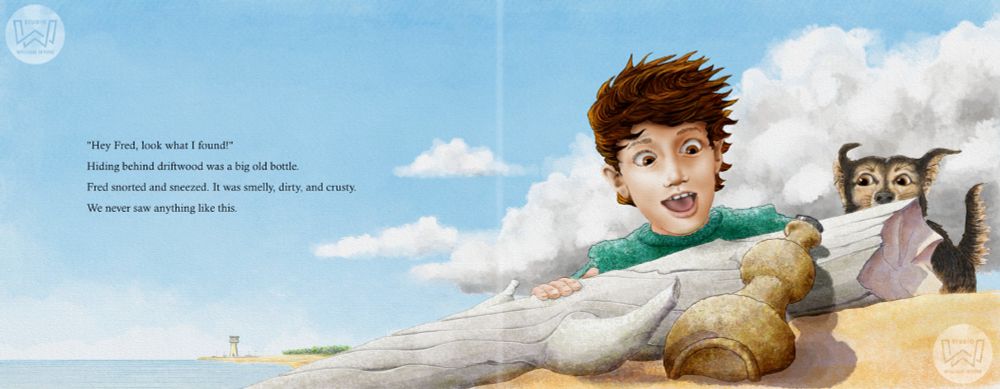 I'm reworking all of the artwork for Fred and Ethan's Spectacular Discovery. The original pen and ink art was designed for a publisher's mid-1990s standards, and after constructive feedback from art directors and agents, I'm reworking almost everything as two-page spreads (in digital watercolor). Here's the prototype first spread to establish the style.  
Completed using Affinity Photo 2 and my humble Huion Inspiroy 2M pen tablet (a 9,000 pixel wide canvas is a challenge with a small tablet).  
I'm available for children's book art projects. See more of my children's book art at https://www.studio-w.art/kidlit 
