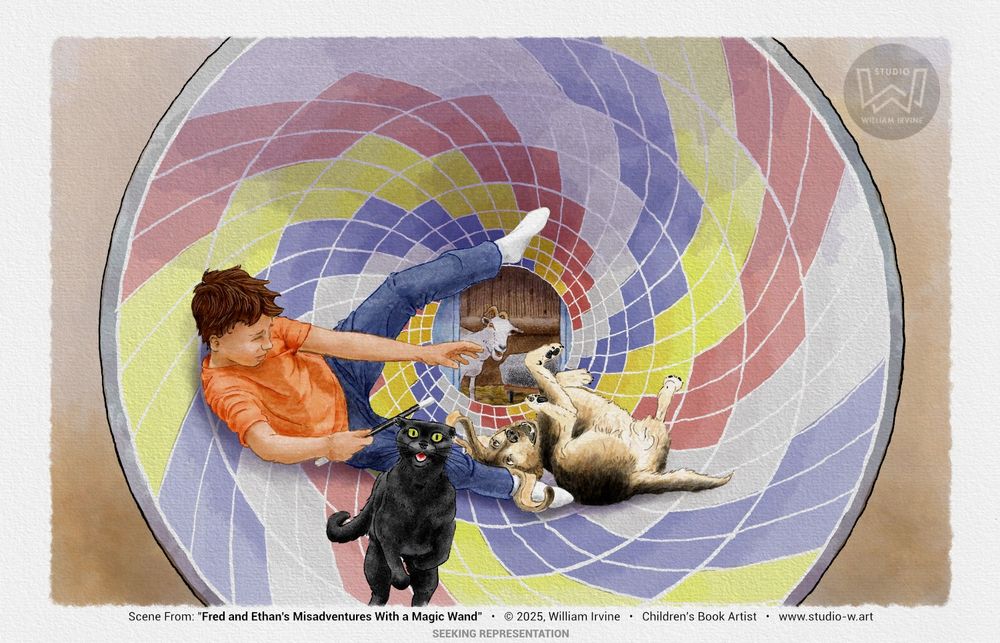 Here's a scene I completed as a style study for Fred and Ethan's Misadventures With a Magic Wand. After discovering an abandoned magic wand, Ethan learns that it works! In this scene, he accidentally turns the hallway in his house into a spinning funhouse tunnel while running from the goat that appeared in his bedroom.
Completed 100% digitally using Affinity Photo 2 and a humble Huion Inspiroy 2M pen tablet.
I'm open for children's book art projects, see more at https://www.studio-w.art/kidlit
