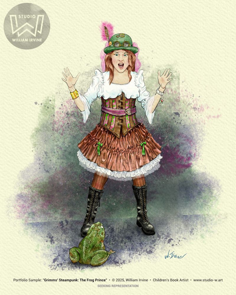 This is my second experiment on my journey from traditional pen and ink to fully digital art: a vignette from Grimm's Fairy Tales, The Frog Prince, with a steampunk twist

Using Affinity Photo 2 and my humble little HUION Inspiroy 2 pen tablet, I'm working toward digital art with a mostly dry brush watercolor look. In this piece, I discovered the "Comic Ink" brush that came with Affinity, and began using "The Magician" brush from DAUB. The Magician is indeed magic, and would soon become my go-to digital watercolor brush for almost everything.

See more at https://www.studio-w.art

#childrensbookartist #huion #kidlitart #scbwiillustrators #scbwi


#kidlit #kidliitart #huion #childrensbookillustrator #scbwi #scbwiillustrators #childrensbookart #childrensbookartist #affinityphoto #fairytale