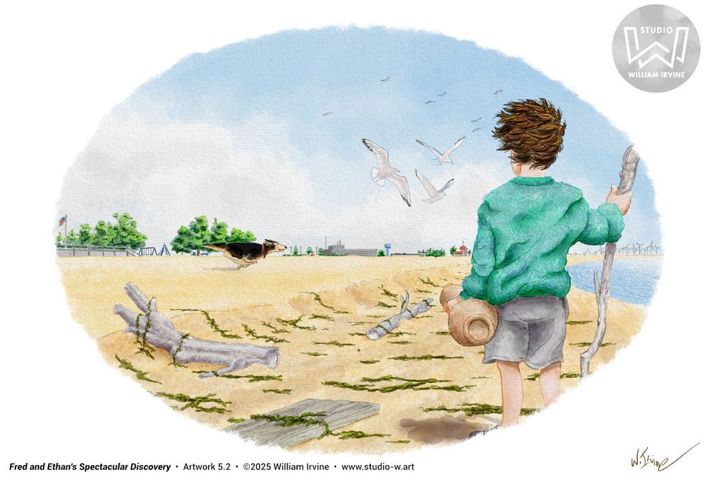 With my stories and art for children, I strive to plant no ideological or societal flag other than the essential importance of imagination. In today's screen-obsessed society, showcasing the simple joy of self-directed flights of fancy is essential.



This vignette is part of a pair and fills most of page 13. It shows Ethan pausing to contemplate while Fred romps on the beach. No screens. No AI. Just a boy preparing to crank up his imagination.



This is another refined, revised, and updated illustration for my children's picture book, Fred and Ethan's Spectacular Discovery -- in search of a publisher. All artwork is now 100% digital, completed using Affinity Photo 2 and my humble little HUION Inspiroy 2 pen tablet. See more at https://www.studio-w.art/kidlit

