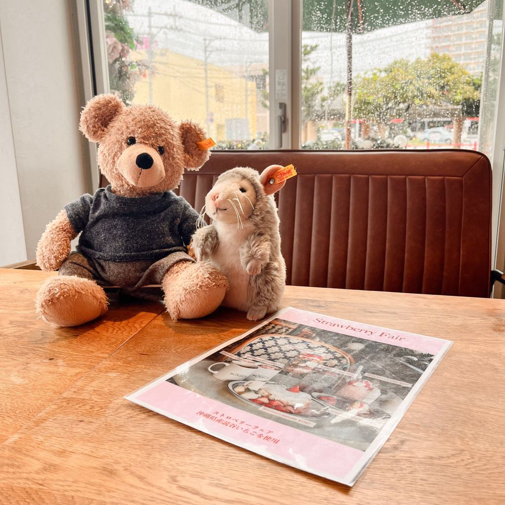 北谷アメリカンビレッジにある、BUNBUN cafeでいちごスイーツを頼み、料理ができるのを待っているフィンとチャゲ。ぬいぐるみ シュタイフ steiff
