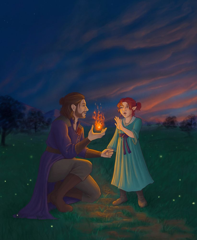 Gale Dekarios, a brown haired bearded wizard human, is kneeling in front of his daughter. He is holding her hand and is conjuring a fire spell in the other - much to her delight. Dusk is falling with a moody orange and blue sky behind them and the fire is casting a golden glow on them. He wears a set of purple robes and the girl is wearing a similar pair in a light green. Her hand is reaching up as if to touch the fire.