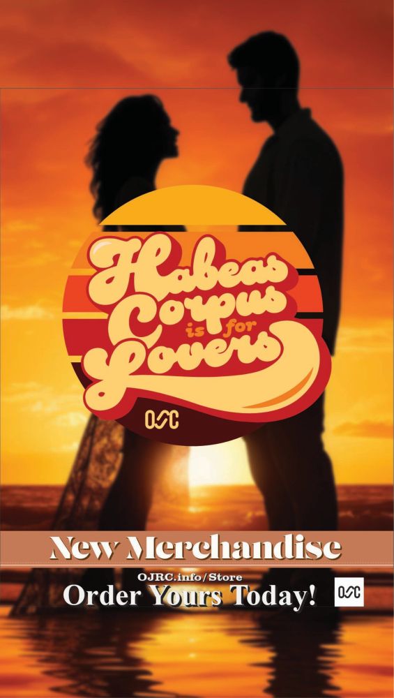 Image of a couple embracing each other with a beautiful sunset in the background. Text reads habeas corpus is for lovers. New merchandise order yours today.