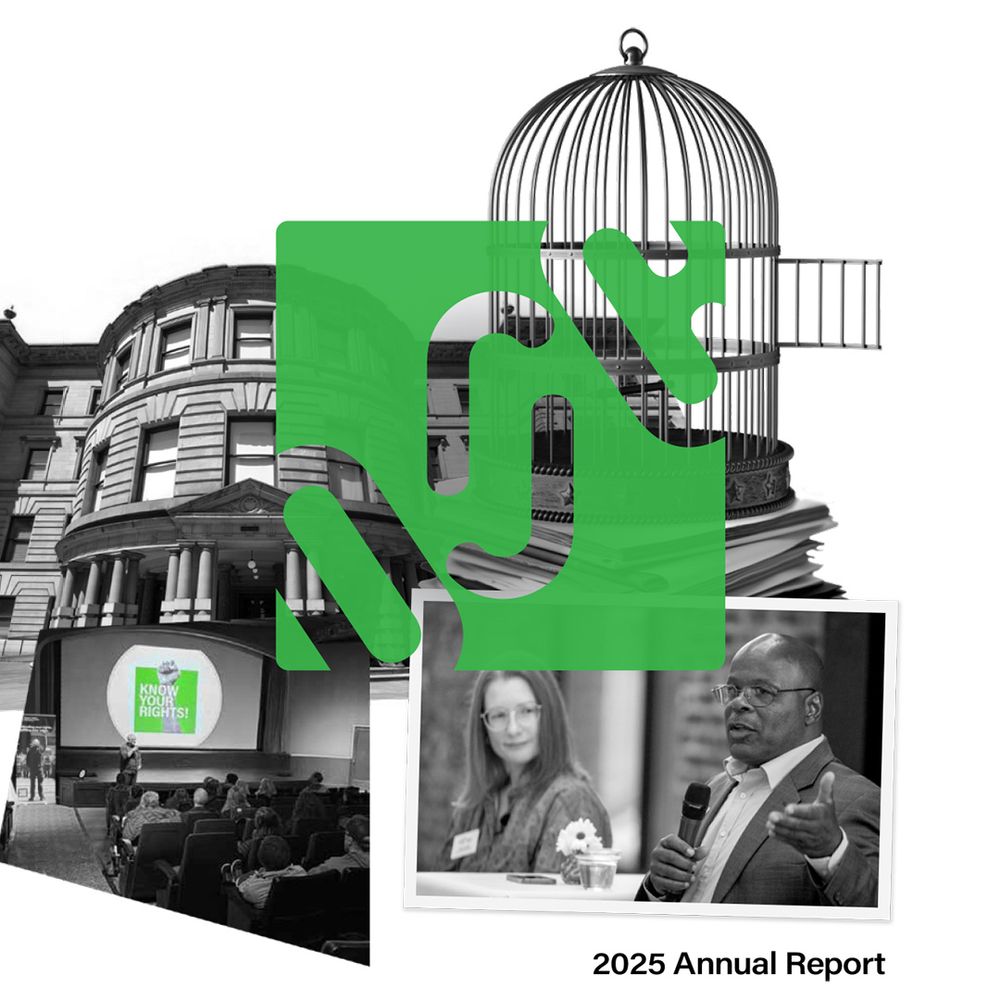 Collage of black and white images with an overlay of the OJRC logo in green.