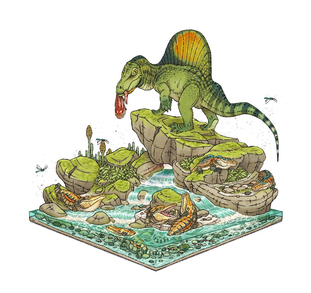 Arizonasaurus with prey standing above a waterfall, there are a bunch of temnospondyls fighting and displaying in and out the water.