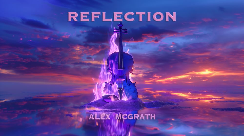 An album release poster for Reflection by Alex McGrath, featuring a blue violin surrounded in purple flames amidst a beautiful sunset