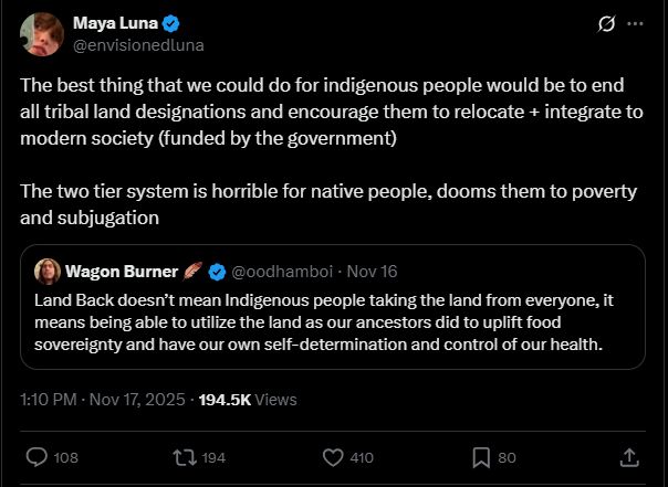 The best thing that we could do for indigenous people would be to end all tribal land designations and encourage them to relocate + integrate to modern society (funded by the government) 

The two tier system is horrible for native people, dooms them to poverty and subjugation