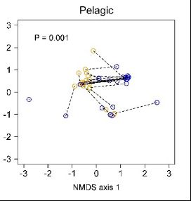 non-metric multidimensional scaling graph displaying differences in pelagic species detected using eDNA and electrofishing