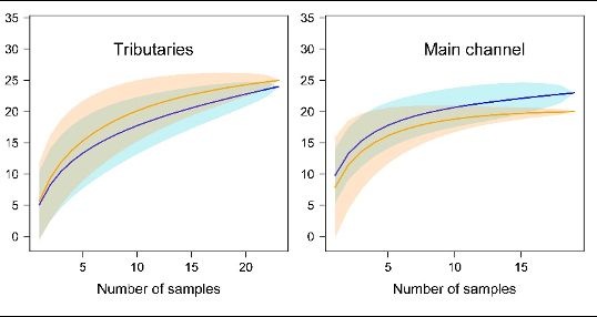 Graphs with two overlapping curves with number of species detected using eDNA metabarcoding and electrofishing in tributaries, but higher number of species detected in the main channel using electrofishing