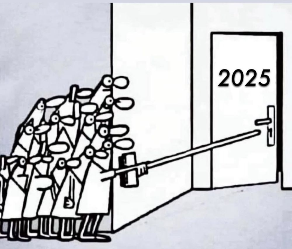 Group of people poking a “ 2025 door” with a broomstick