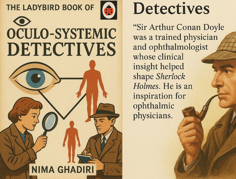 Ladybird style retro book on the left, with detectives. on the right. Illustration of Sherlock Holmes with deerstalker and smoking a pipe.

Overall, metaphors for linking eye signs to systemic disease, with subtle nods to both historical and modern medicine.