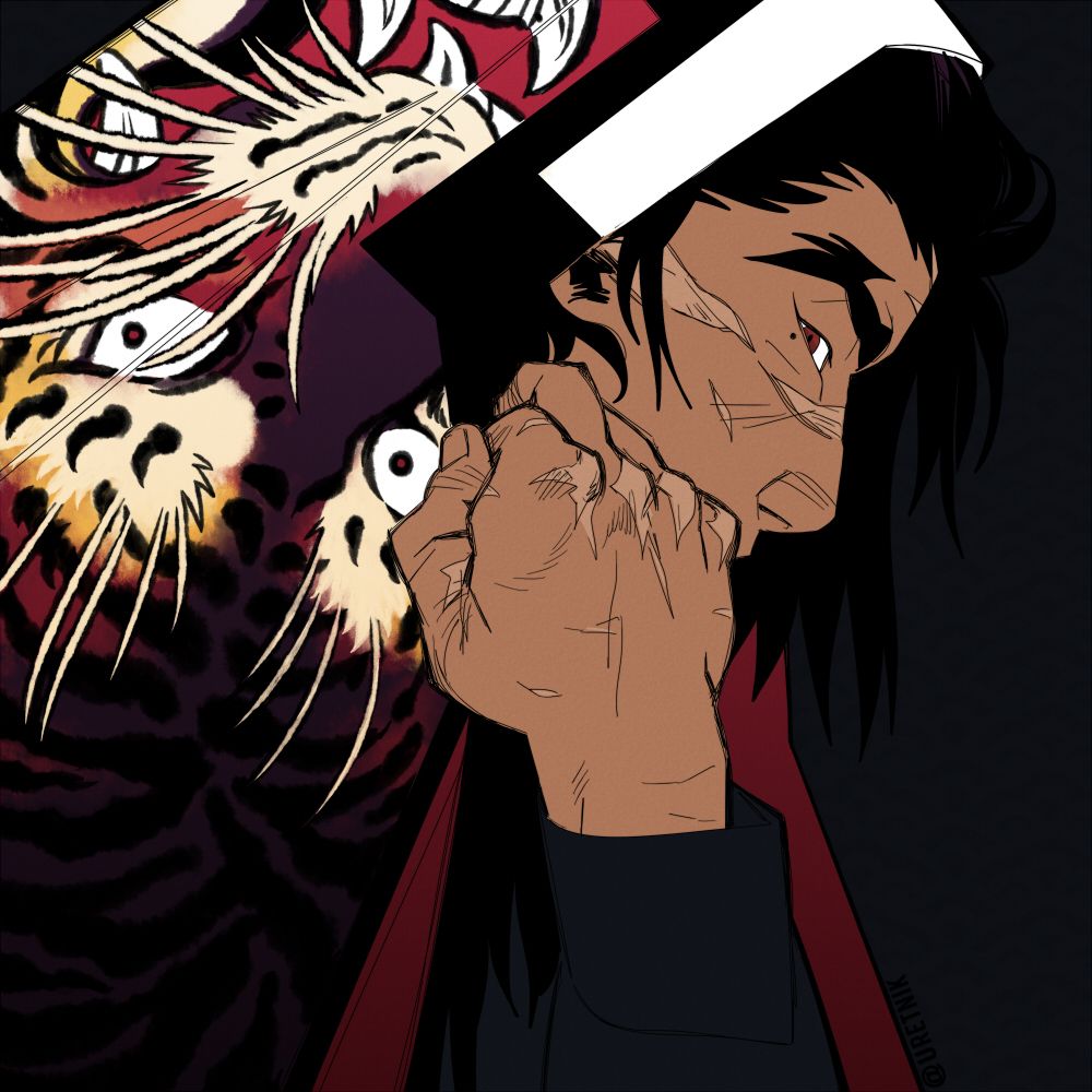 A sketch in color of Riki: a scarred woman partially concealed by her jangot that is decorated by a painting of a large tiger. There is a very faint, repeating pattern in the background.