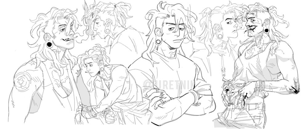Ani, young 30 year old woman who is vocalist and lead guitar of the band HUNTER/MONSTER. She is rude, usually smoking, and loves women. There are six sketches all with varying expressions (some somber, some with grins).
