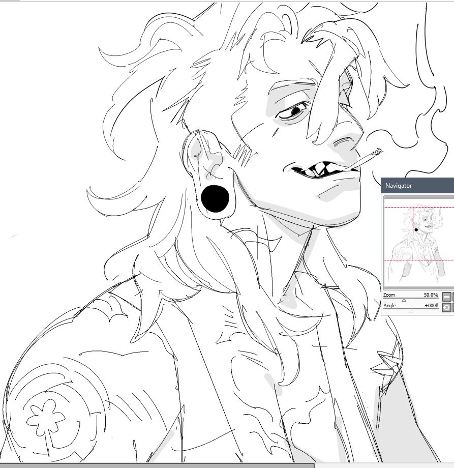 Sketch of Ani, a woman in her early 30's covered in scars and tattoos who has impacted canines, She has crooked expression and probably about to cause problems.