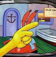 Spongebob pointing to himself in a Krusty Krab TV commercial