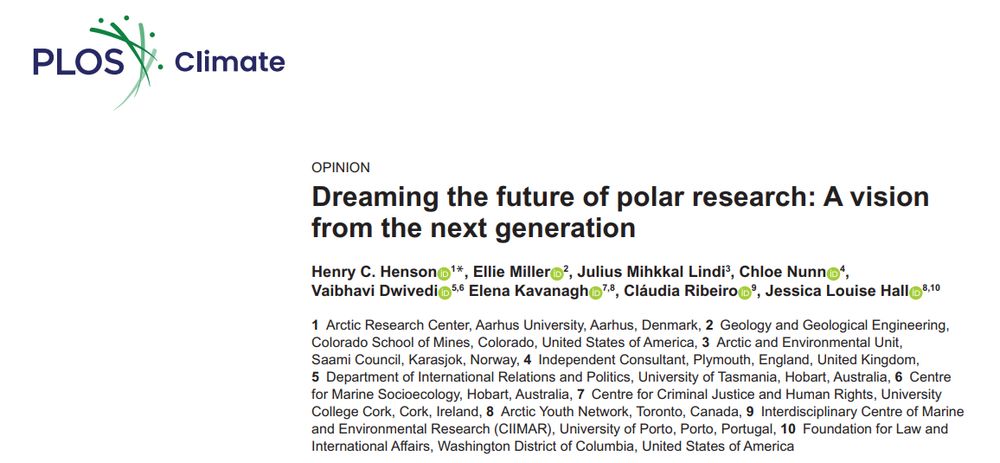 The title and author information for the PLOS Climate Opinion article "Dreaming the future of polar research: A vision from the next generation" by Henry Henson and colleagues
