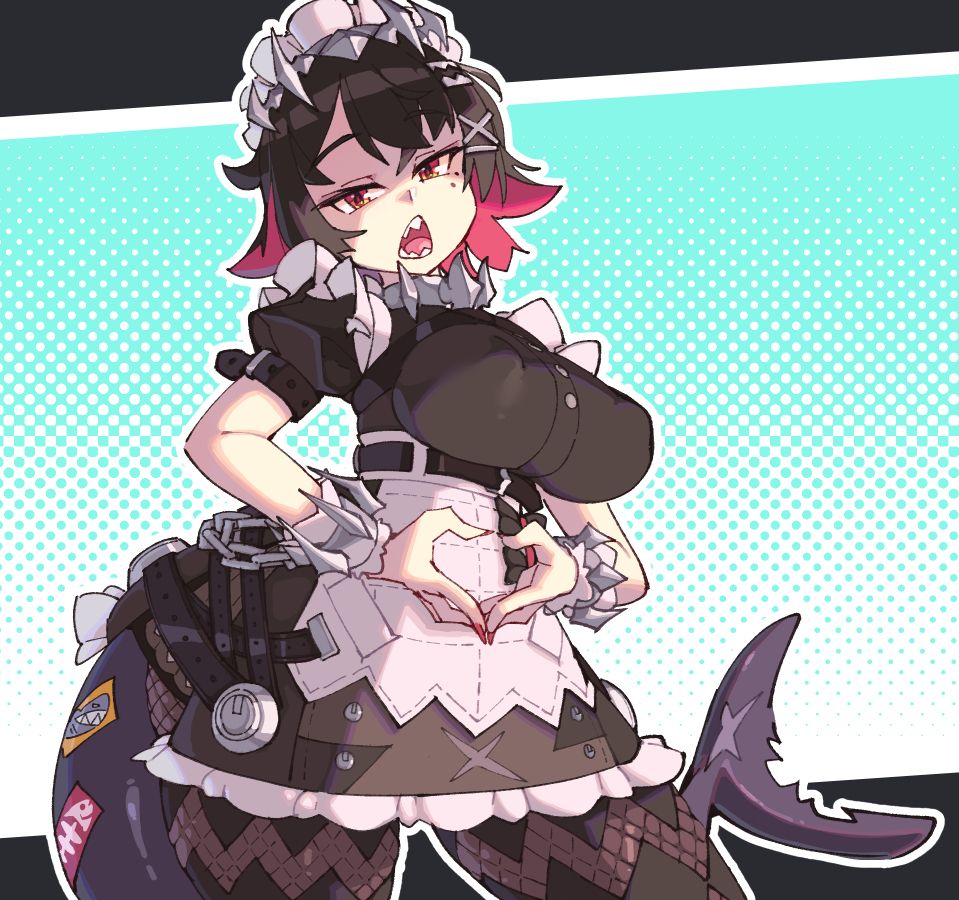 Ellen Joe, in a maid costume, doing a heart shape with her hands.