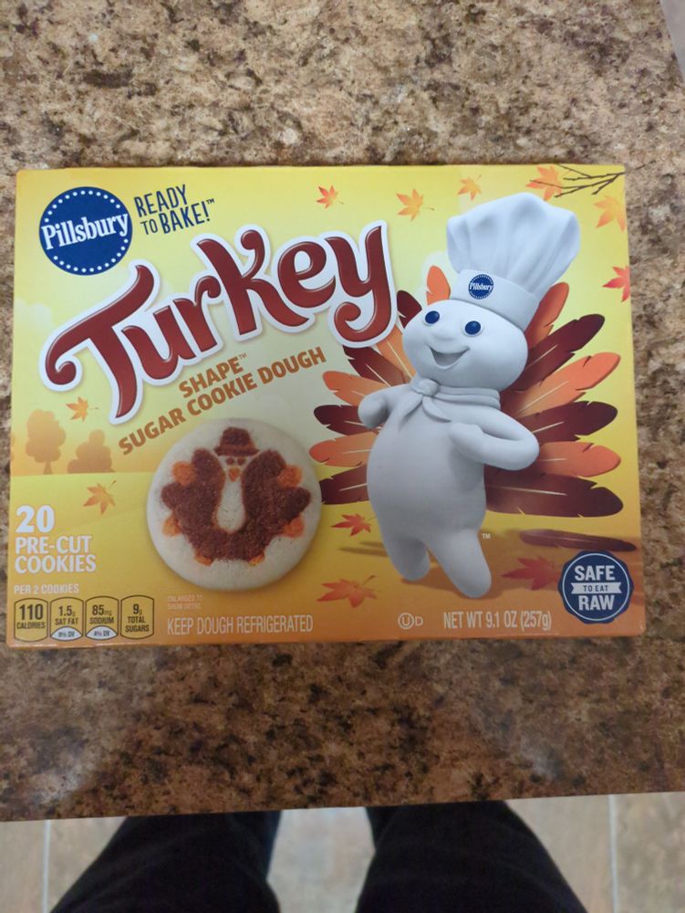 A box of Pillsbury ready to bake turkey shape sugar cookie dough