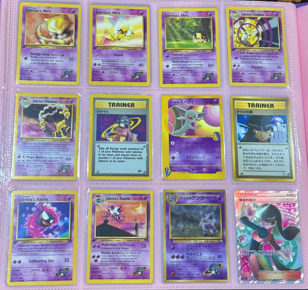 Sabrina trainer pokemon cards and her pokemon in a binder 
