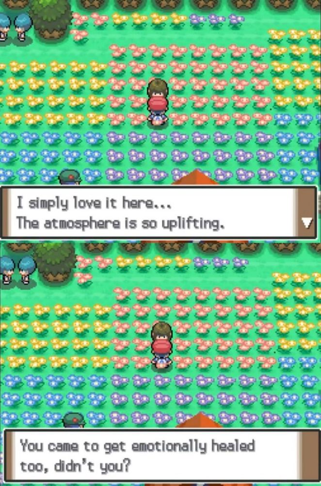 Pokemon Diamond/pearl/platinum in flaroma town. NPC in field of flowers: I simply love it here… the atmosphere is so uplifting. You came to get emotionally healed too, didn’t you?