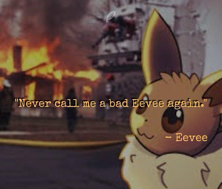 An eeevee watching a building burn with text that says “never call me a bad eevee again” said by eevee