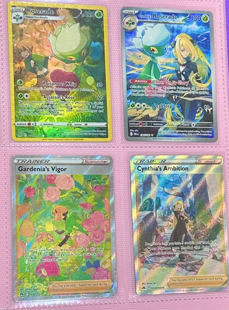 Roserade pokemon cards, one is with gardenia and the other is with Cynthia. There are gardenia and Cynthia trainer cards on the page as well