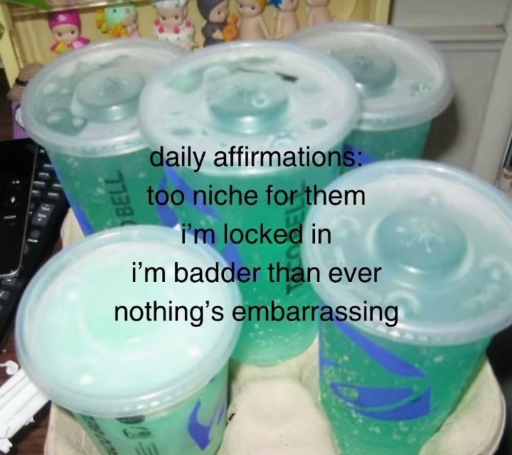 5 baja blasts from Taco Bell with text that says “daily affirmation. Too niche for them, I’m locked in, I’m badder than ever, nothing’s embarrassing 