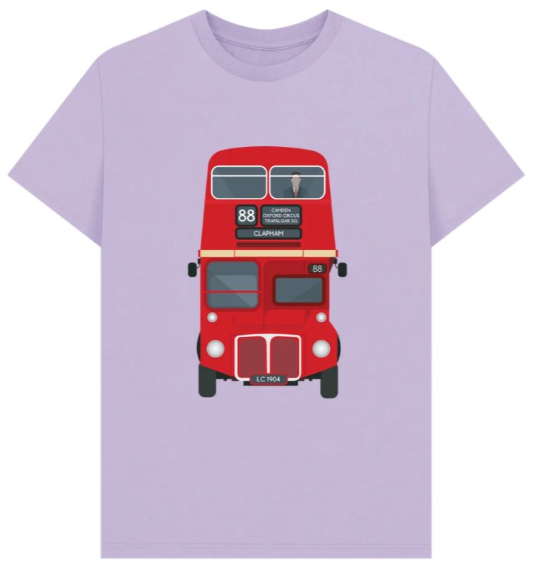 Violet T-shirt picturing a London bus headed to CLAPHAM with a man visible through the top deck window.
