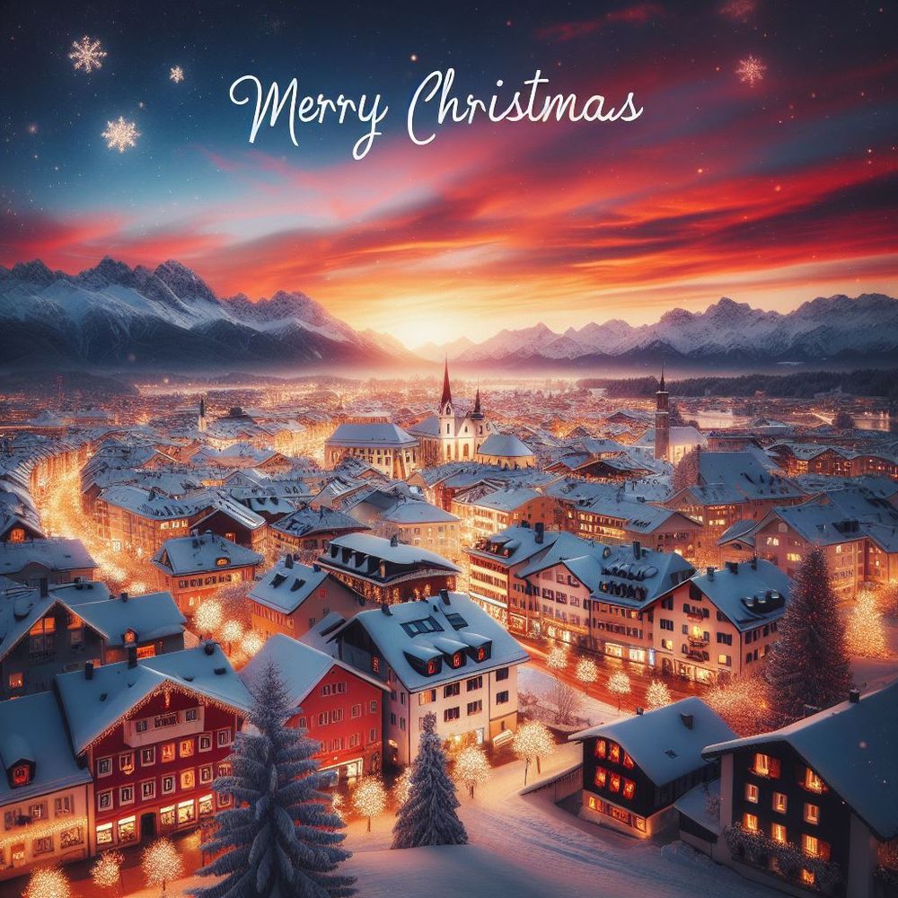 AI-Generated snowy cityscape with mountains in the background and a sunset. Text says "Merry Christmas"