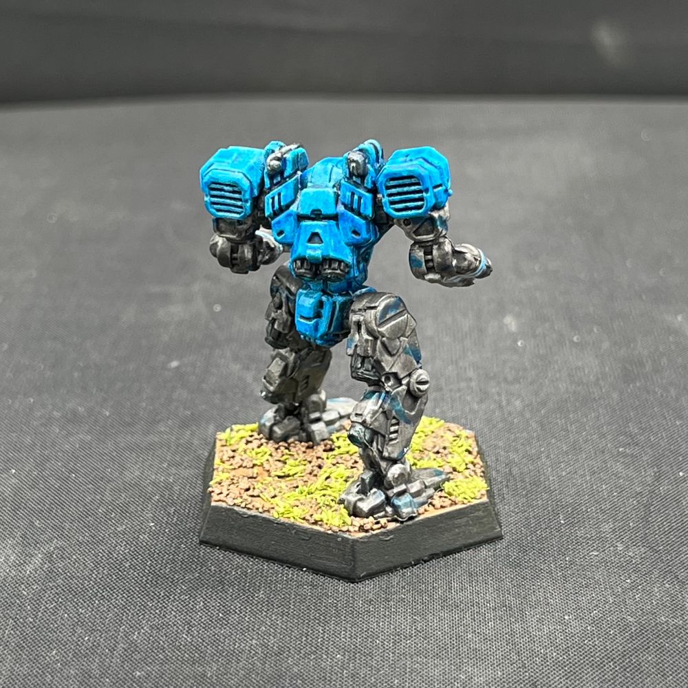 a rear view of a CGL Battletech Arctic Cheetah model painted blue with grey limbs