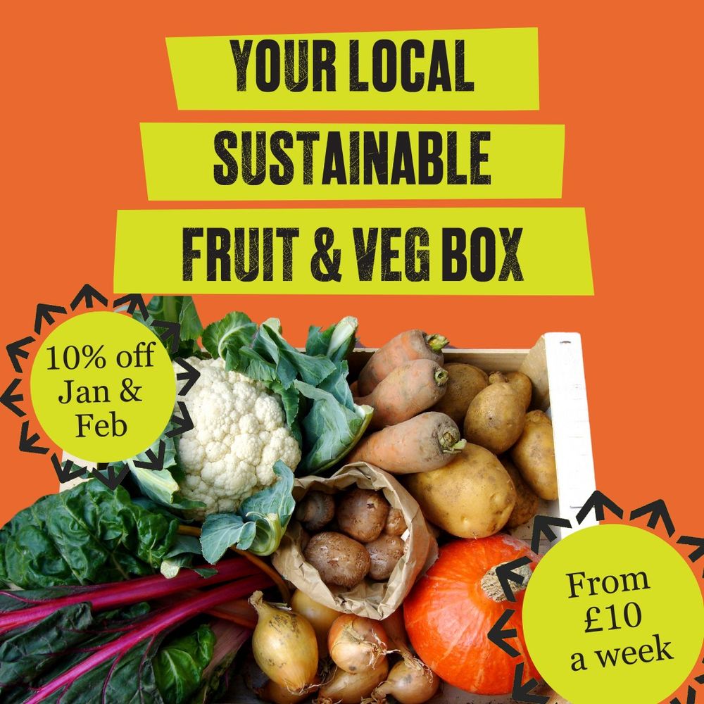 flyer showing box of fresh, seasonal vegetables and words Your local sustainable fruit & veg box, 10% off Jan & Feb, from £10 a week