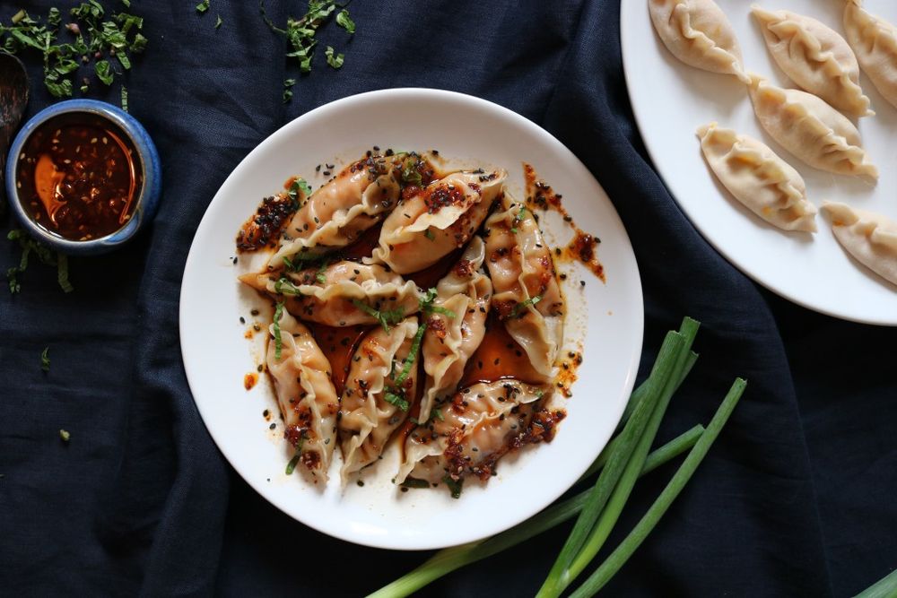 squash, ginger and spring onion gyoza dumplings on white plate