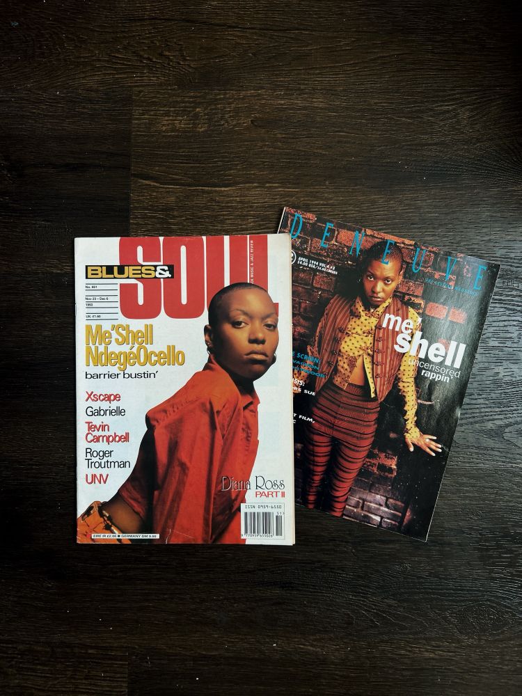 two magazine covers: ‘blues & soul’ & “deneuve” with musician meshell ndegeocello on the cover.