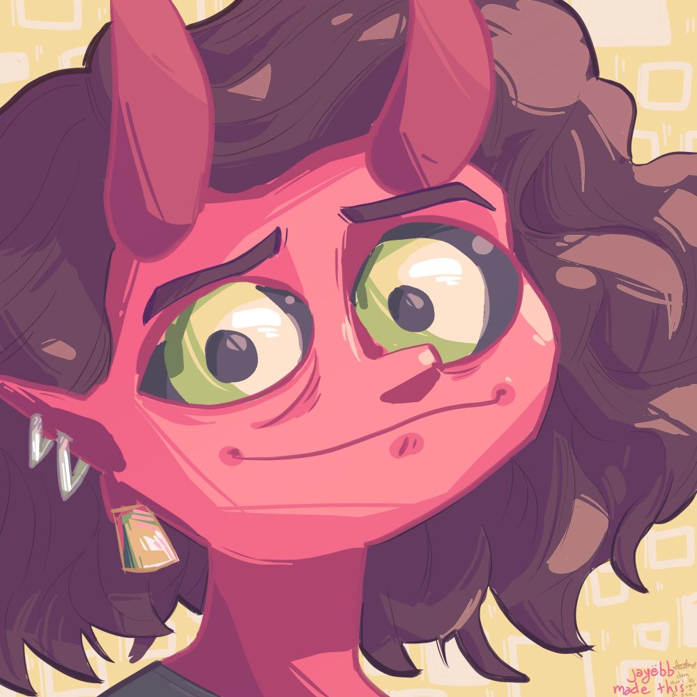 close up portrait of a hellish lil guy all reddish n stuff so cute n pretty wow. dubious, enduring expression. they got horms. and piercings. dam i wish i was that cool. yellow background